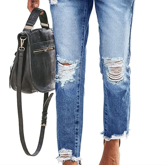 HDLTE Women Ripped Jeans Distressed Boyfriends Jeans Frayed Ankle Skinny Denim - Picture 10 of 10